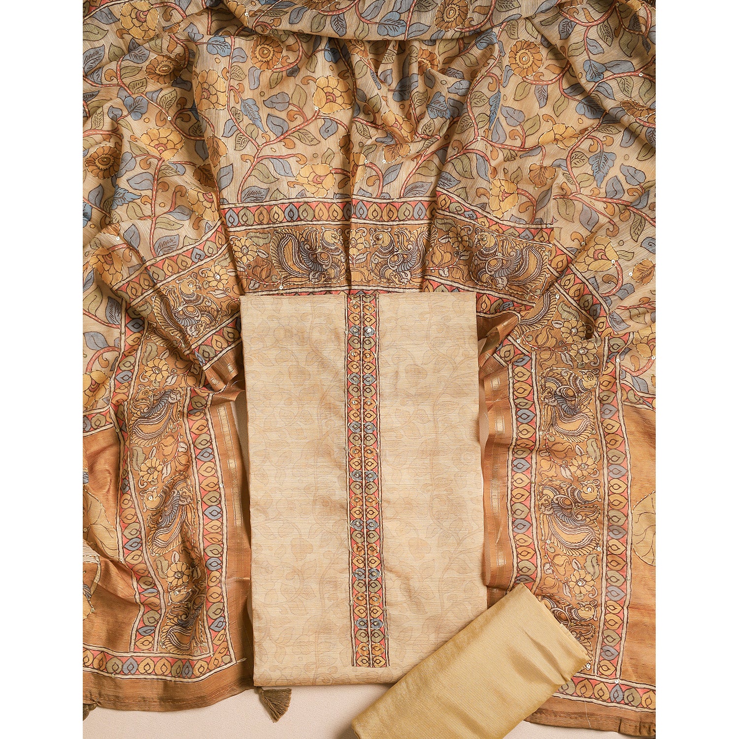 CHANDERI KALAMKARI KANTHA WORK SUIT SET