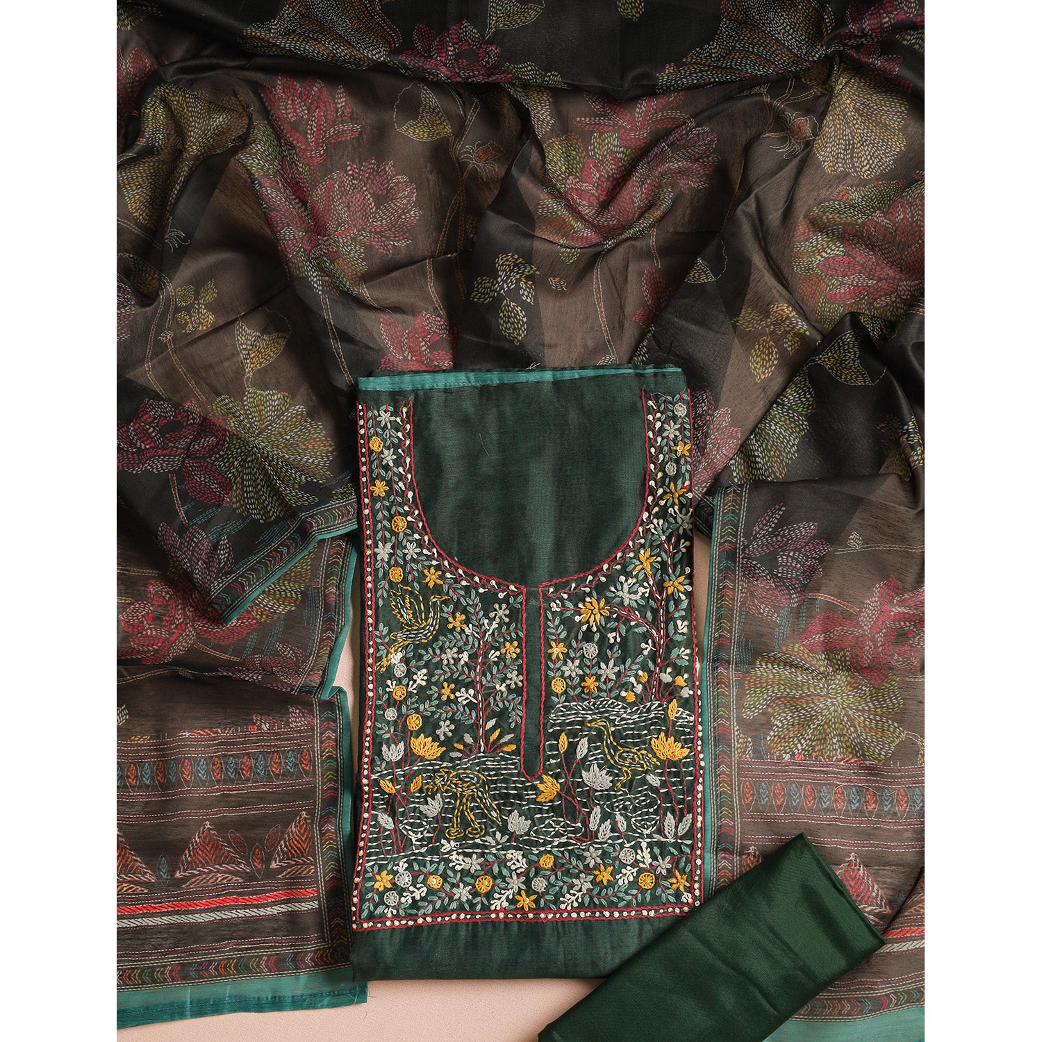CHANDERI SILK EMBROIDERED SUIT SET