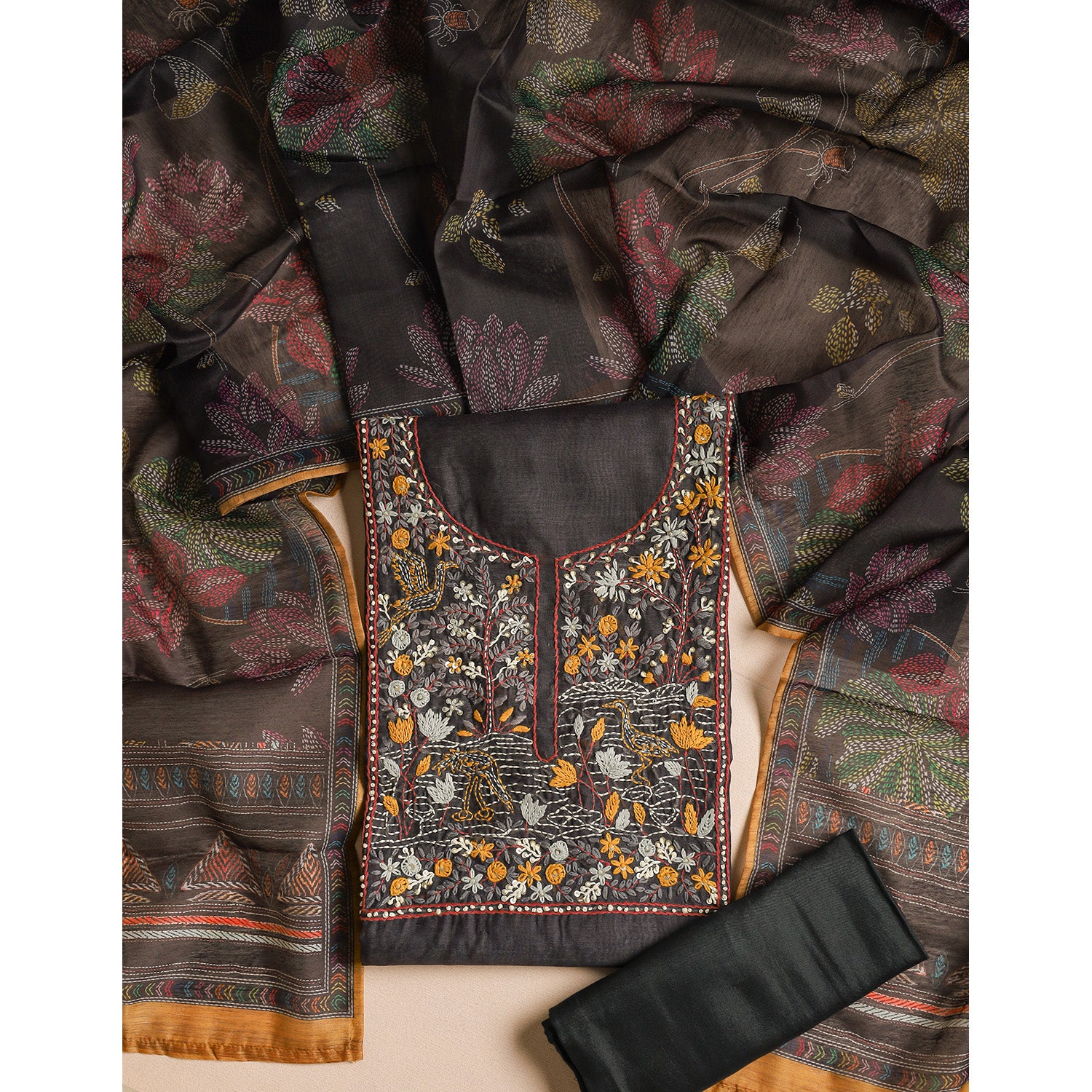 CHANDERI SILK EMBROIDERED SUIT SET