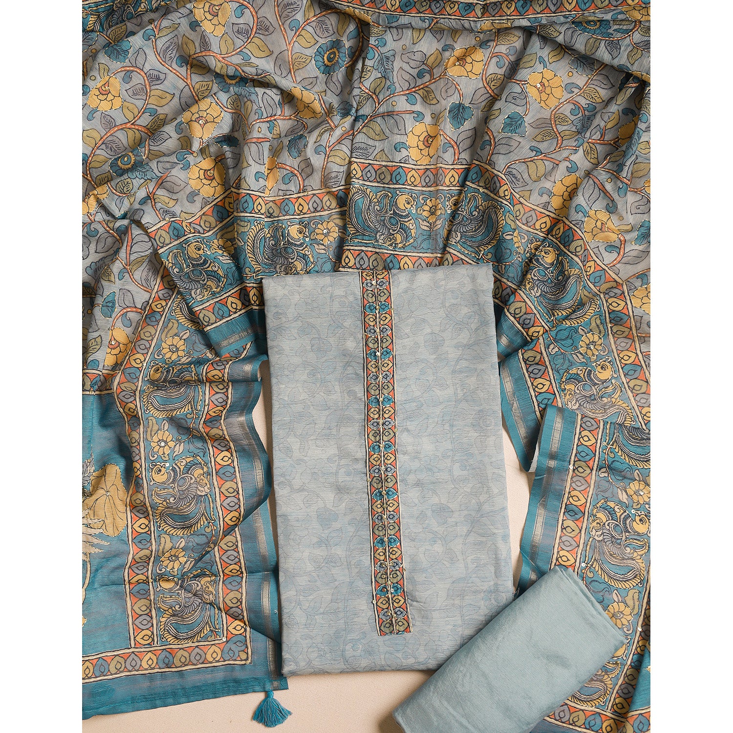 CHANDERI KALAMKARI KANTHA WORK SUIT SET