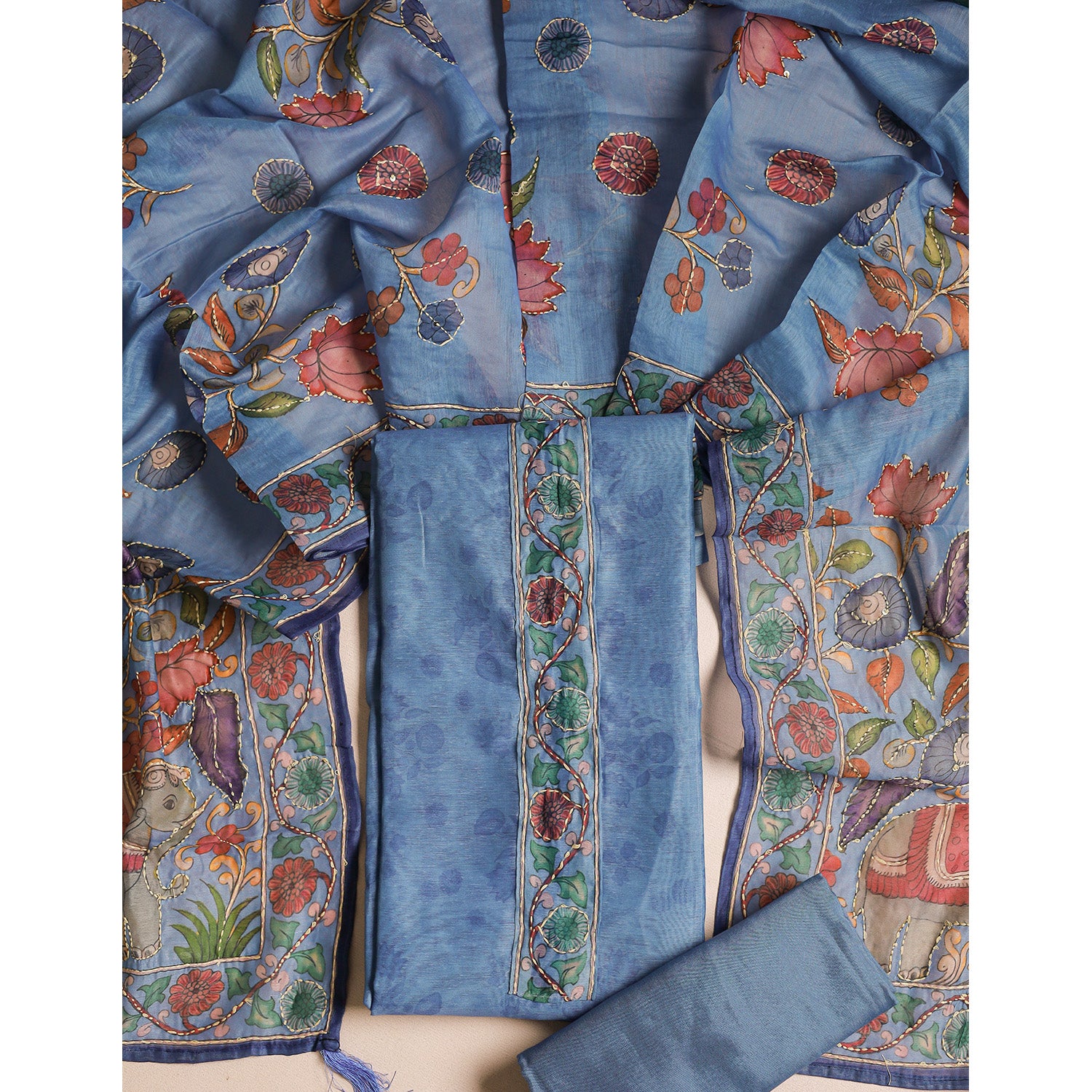 CHANDERI KALAMKARI KANTHA WORK SUIT SET