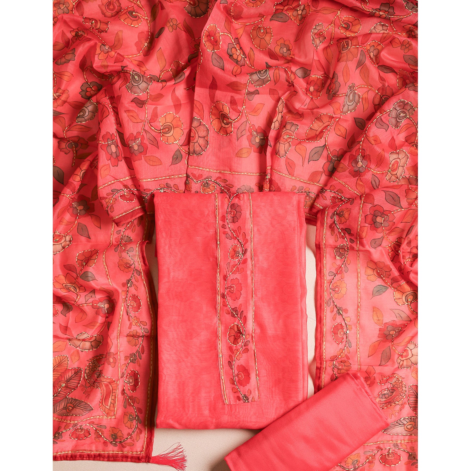 CHANDERI KALAMKARI KANTHA WORK SUIT SET