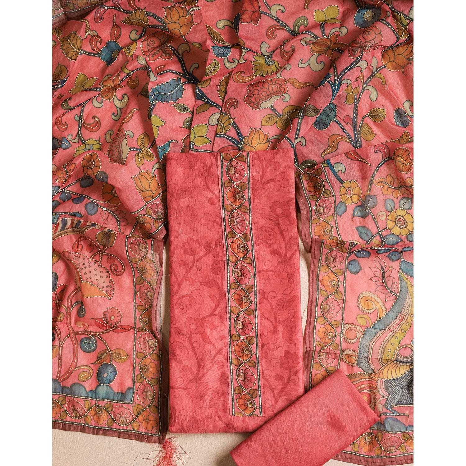 CHANDERI KALAMKARI KANTHA WORK SUIT SET