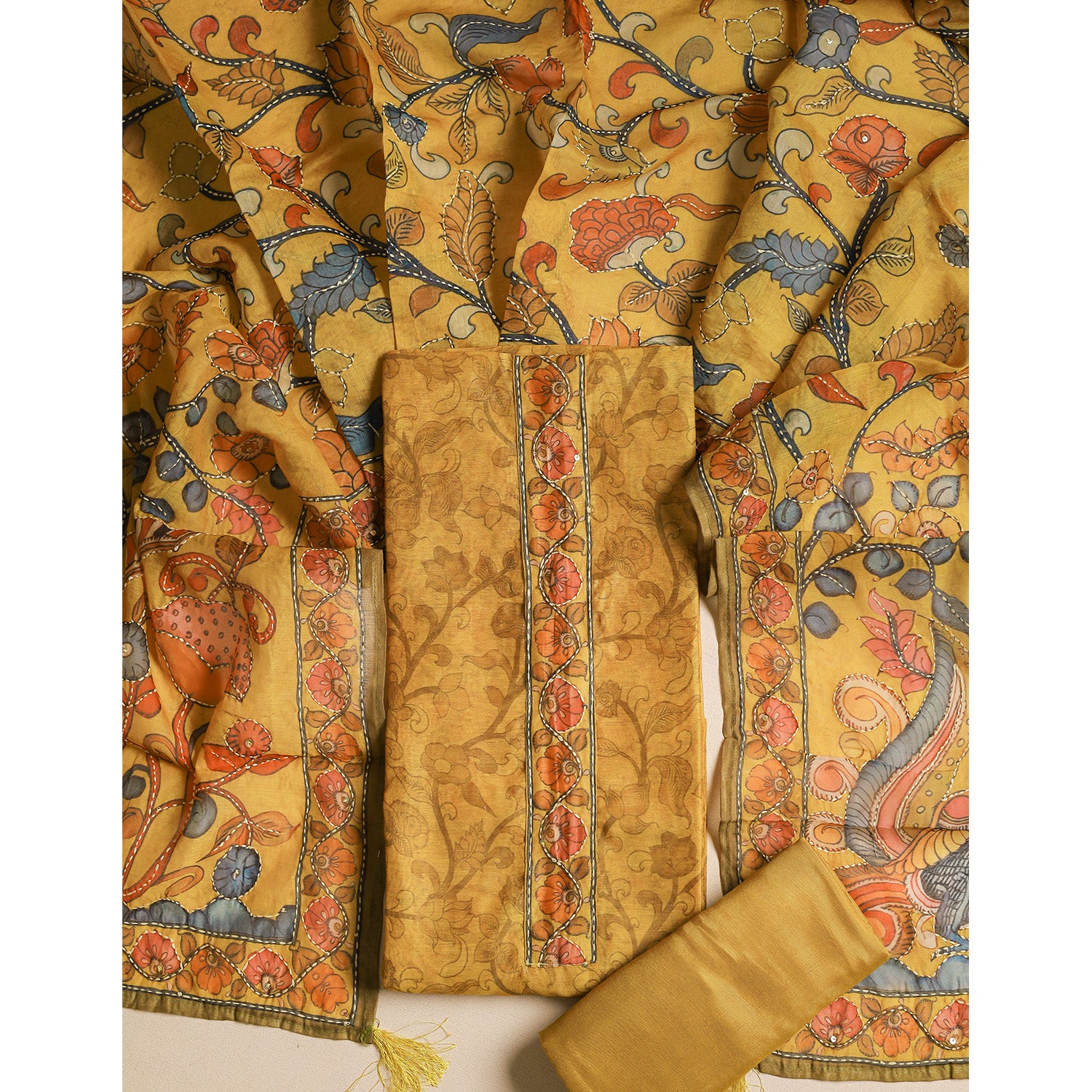 CHANDERI KALAMKARI KANTHA WORK SUIT SET