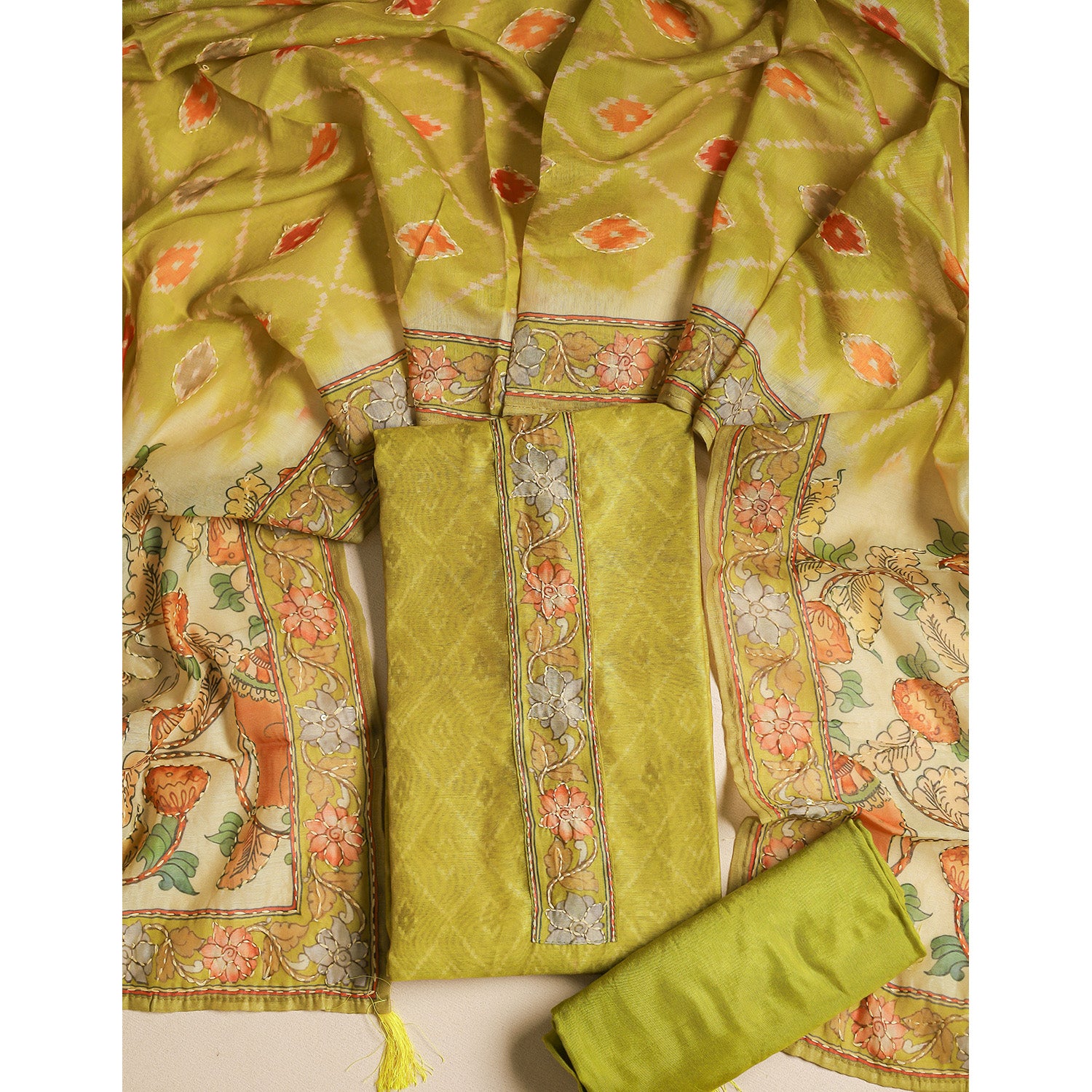 CHANDERI KALAMKARI KANTHA WORK SUIT SET