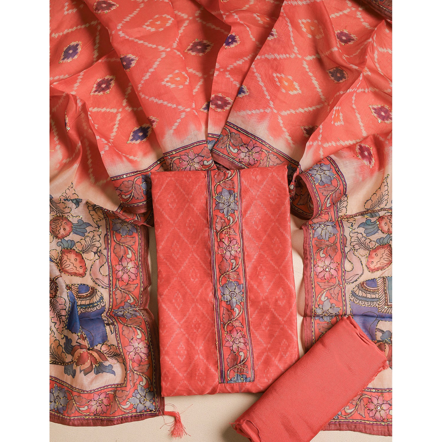 CHANDERI KALAMKARI KANTHA WORK SUIT SET