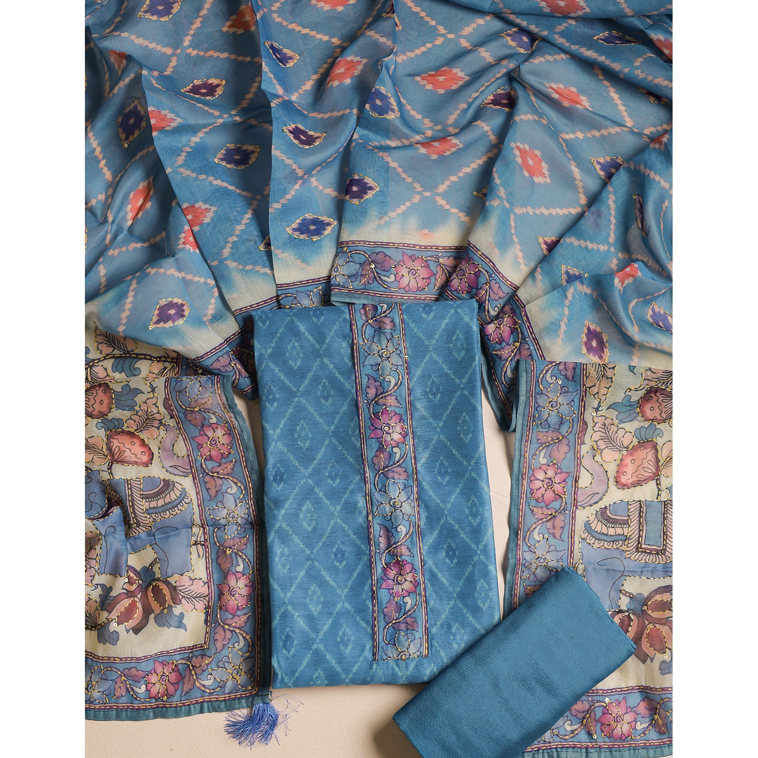 CHANDERI KALAMKARI KANTHA WORK SUIT SET