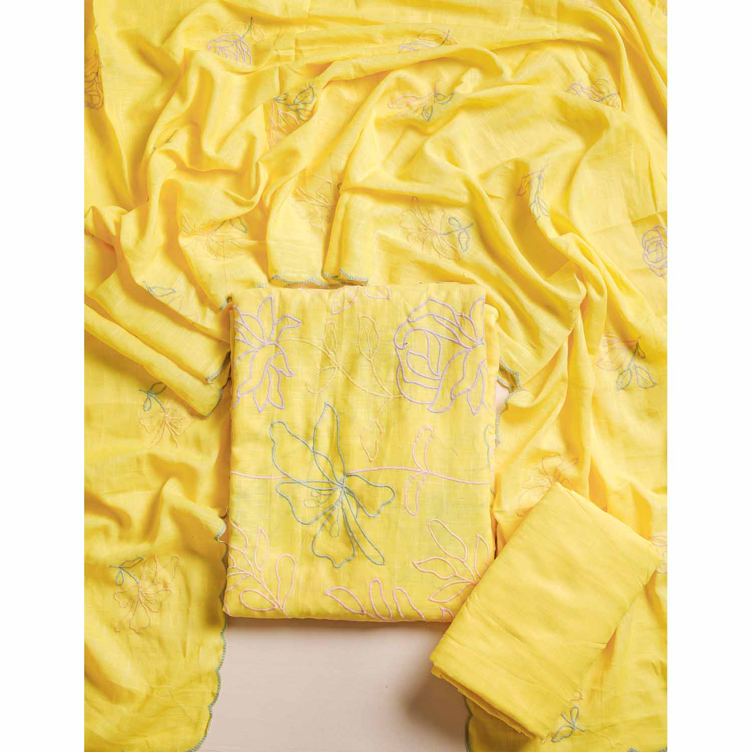 PURE COTTON SLUB EMBROIDERED SUIT SET