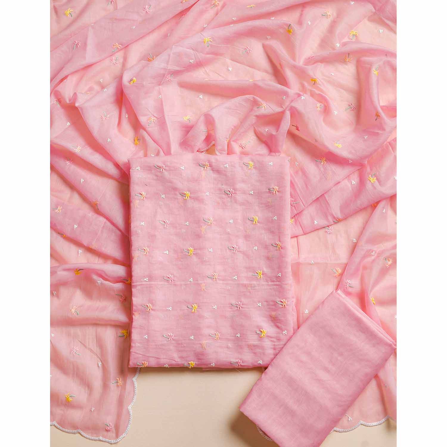 PURE MUL CHANDERI EMBROIDERED SUIT SET