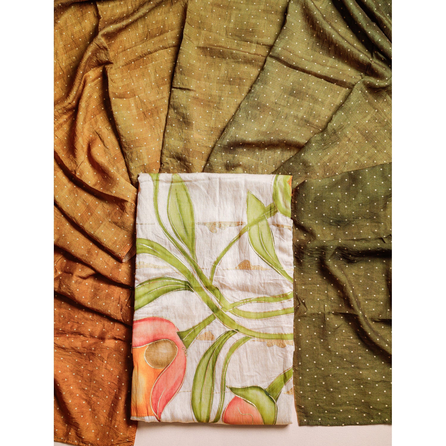 GULZAR'E'MOGRA - BRUSH PAINTED MOGRA CHANDERI SUIT SET