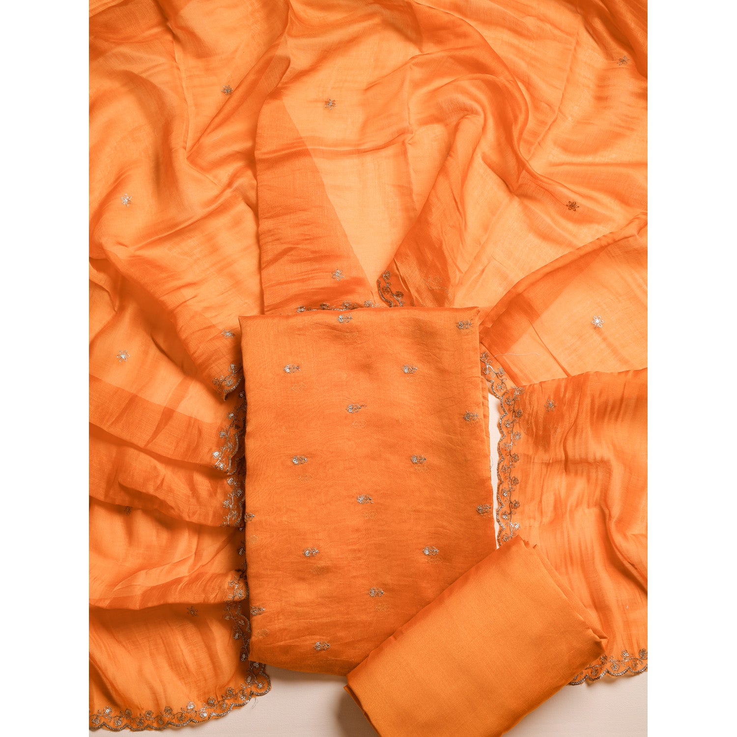 MUL CHANDERI SILK ZARI EMBROIDERED SUIT SET