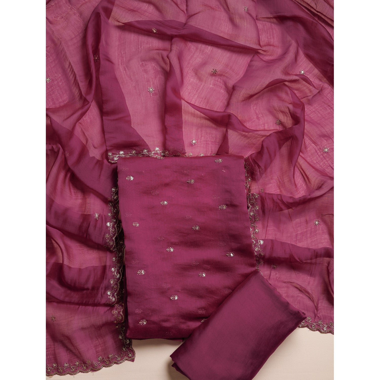 MUL CHANDERI SILK ZARI EMBROIDERED SUIT SET