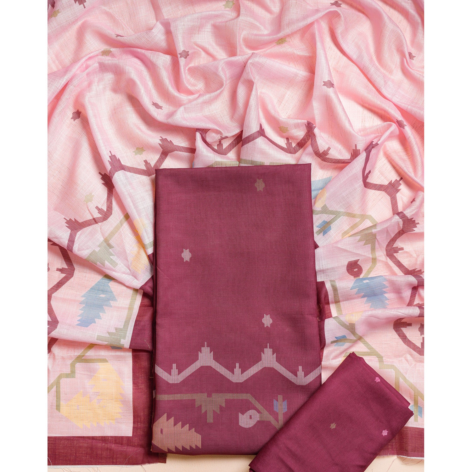 SEMI LINEN PRINTED JAMDHANI SUIT SET