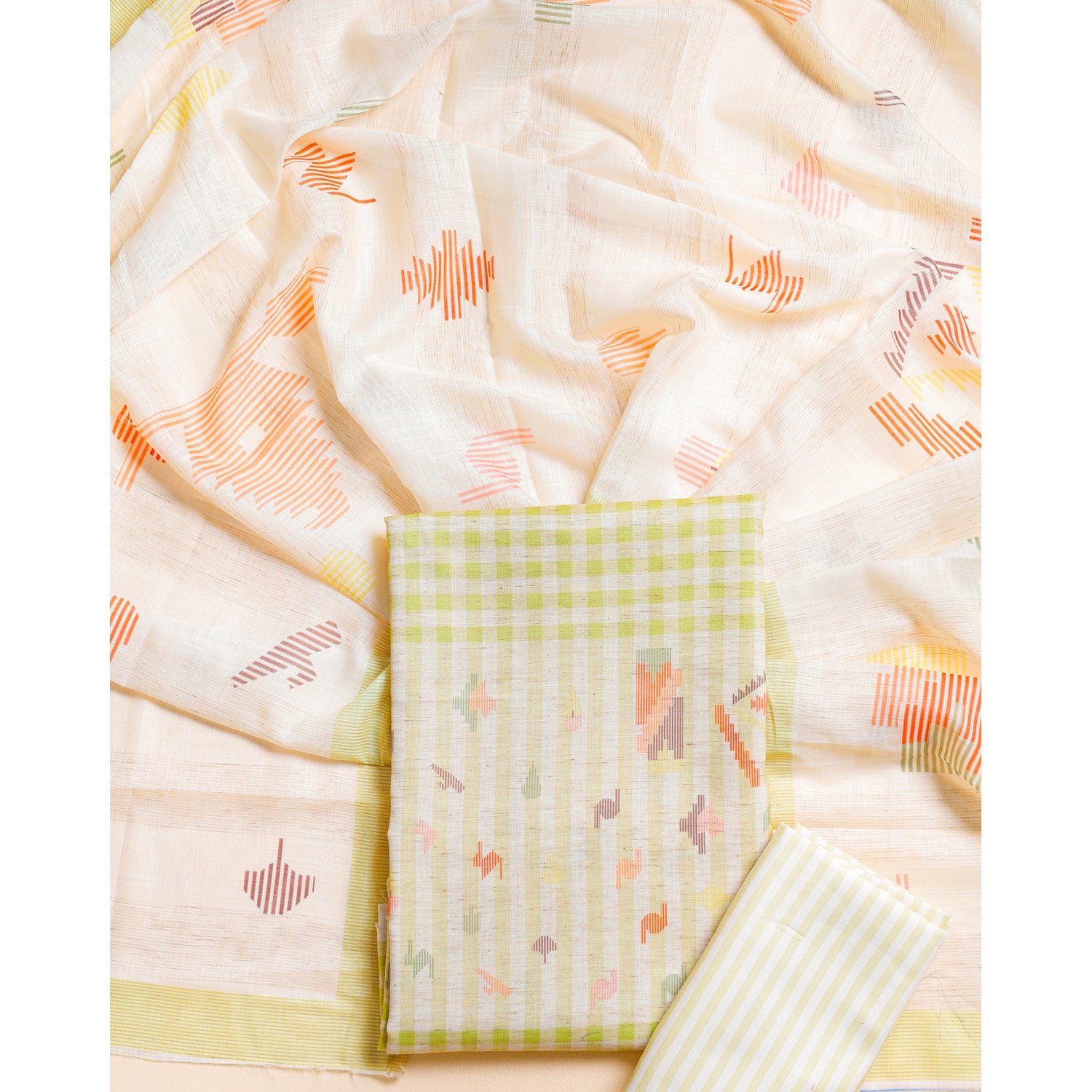 SEMI LINEN PRINTED JAMDHANI SUIT SET