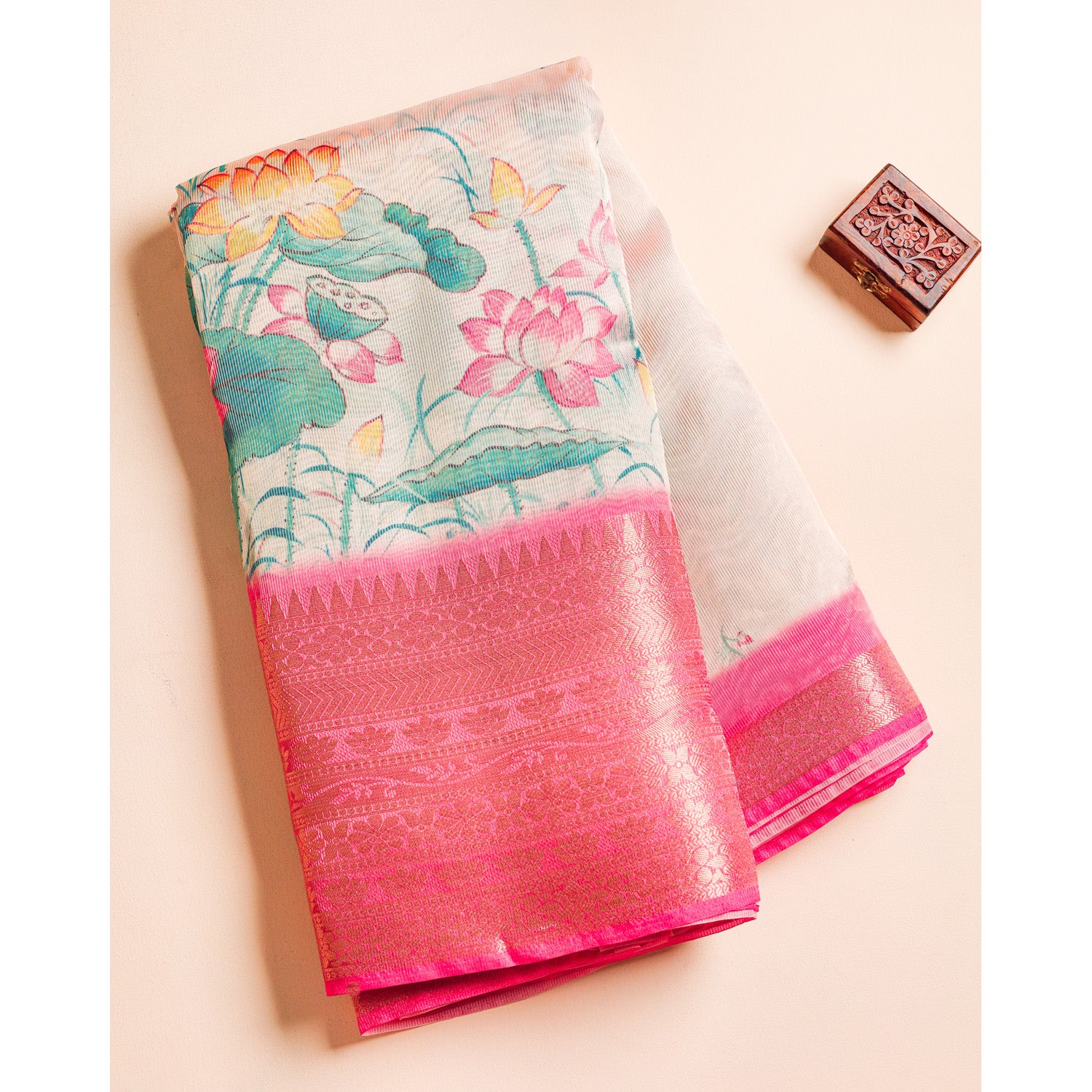 PRINTED SEMI TISSUE SILK BORDER FABRIC
