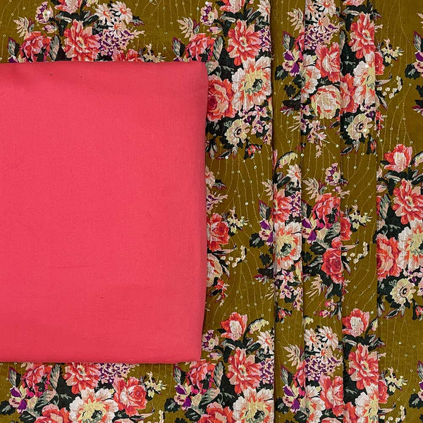Mustard Brown Colour Floral Print Embroidered Chinon Chiffon Saree Set Fabric