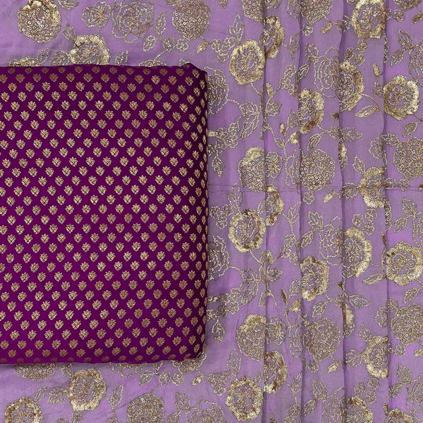 Lavender Colour Embroidered Chinon Chiffon Saree Set Fabric