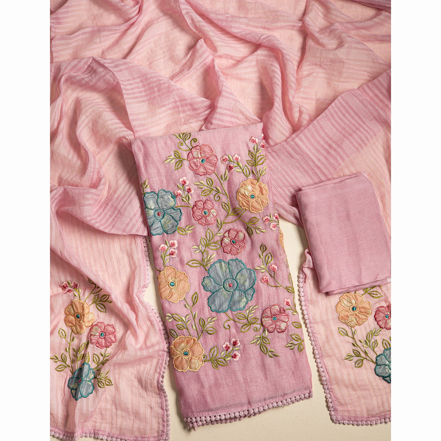 PURE MALAI CHANDERI EMBROIDERED SUIT SET