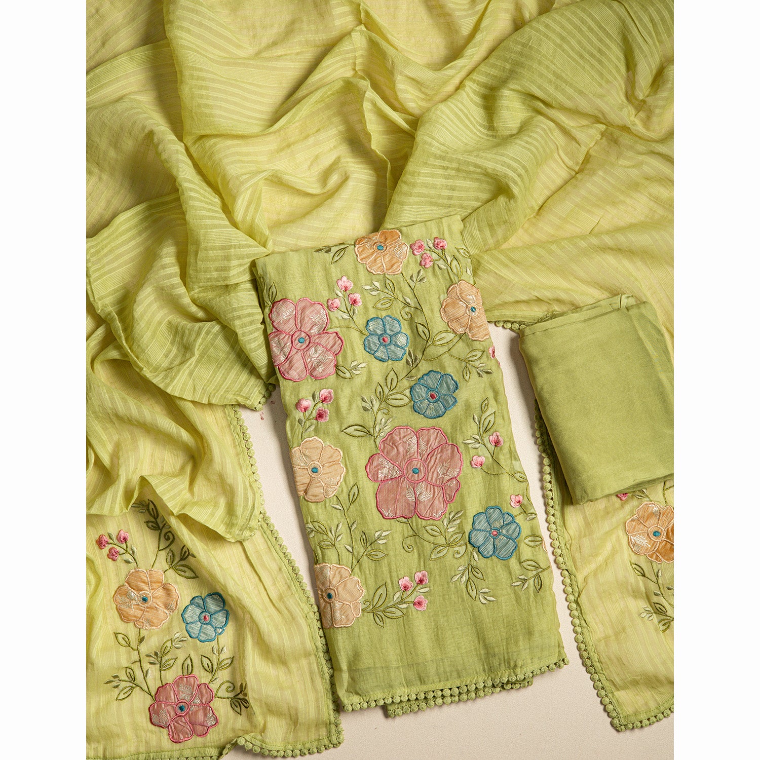 PURE MALAI CHANDERI EMBROIDERED SUIT SET