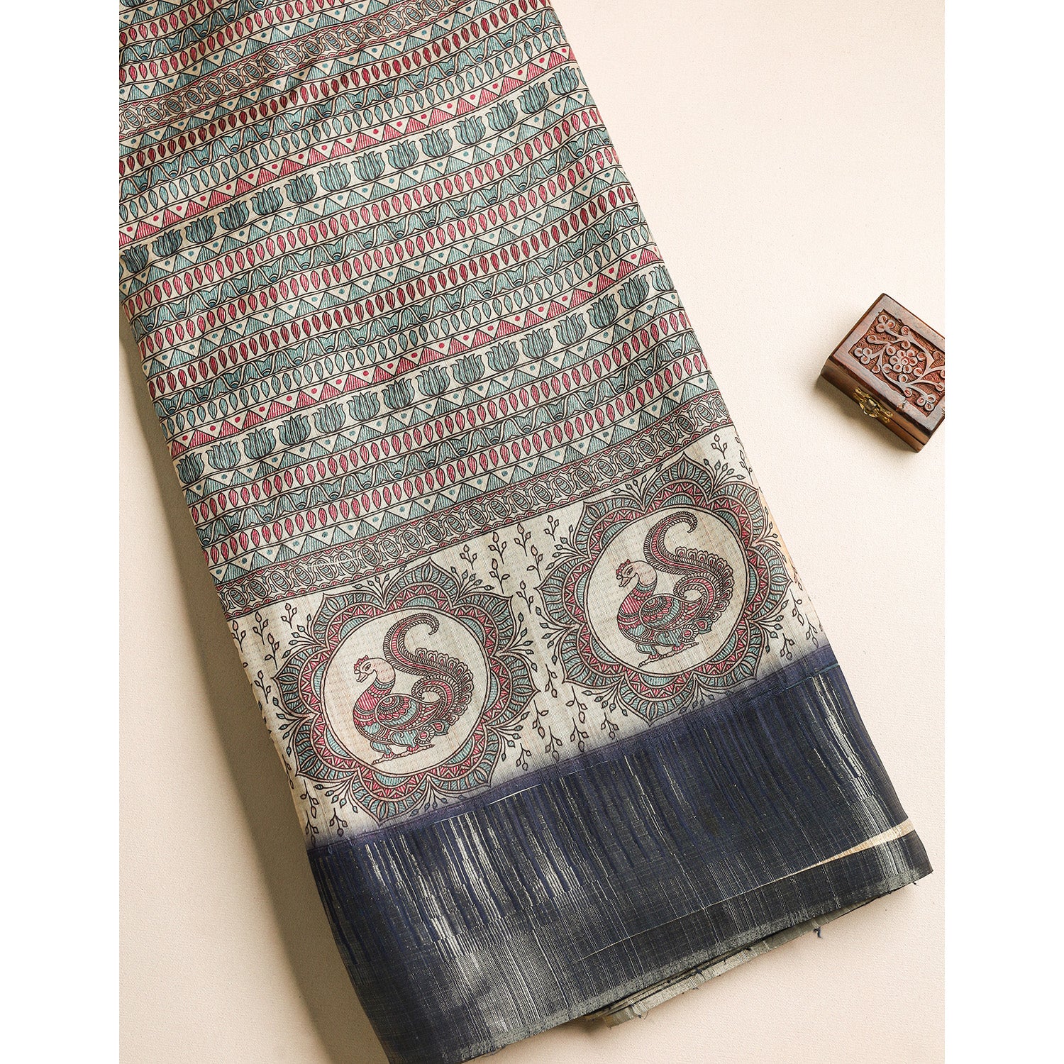 SEMI TUSSAR TEMPLE BORDER FABRIC