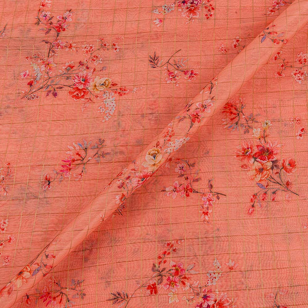 Buy Chanderi Inspired Sugar Coral Colour Gold Checks with Floral Butta Print Fancy Fabric Online 2189E