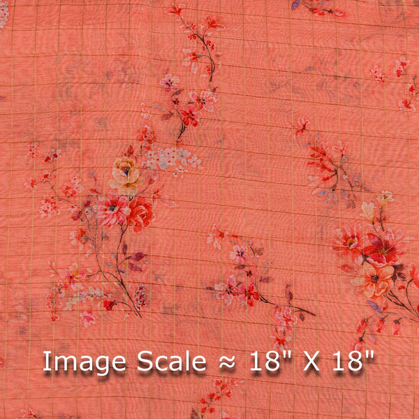 Buy Chanderi Inspired Sugar Coral Colour Gold Checks with Floral Butta Print Fancy Fabric Online 2189E