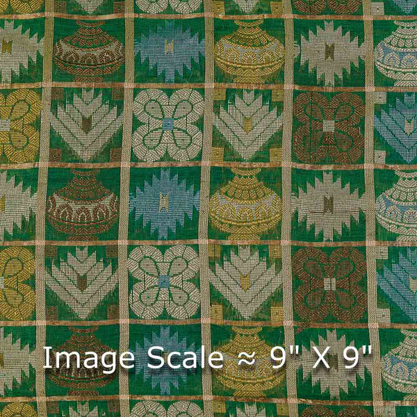 Chanderi Feel Leaves Green Colour Geometric Pattern With Gold Checks Jacquard Fabric Online 6054G