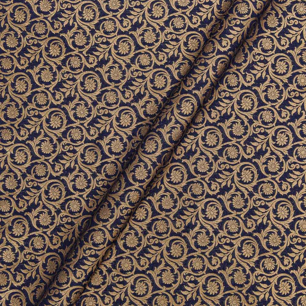 Banarasi Katan Silk Feel Navy Blue Colour Gold Floral Jaal Fabric freeshipping - SourceItRight