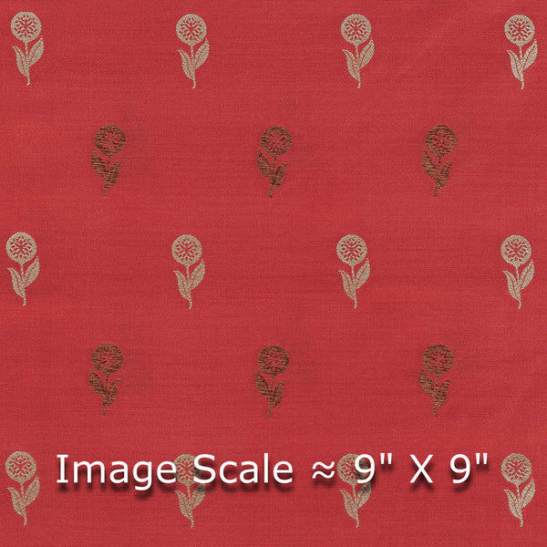 Katan Silk Feel Hot Coral Colour Gold & Silver Zari Floral Butta Brocade Fabric freeshipping - SourceItRight