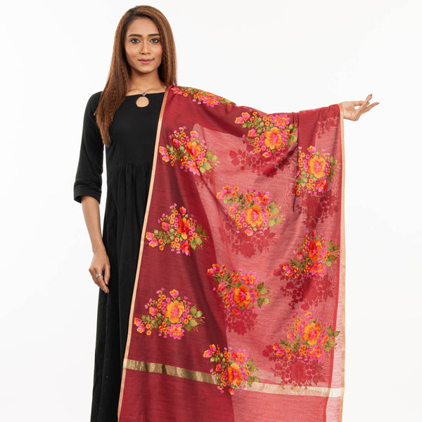 Maroon Colour Floral Embroidered Gold Zari Border Chanderi Feel Dupatta freeshipping - SourceItRight