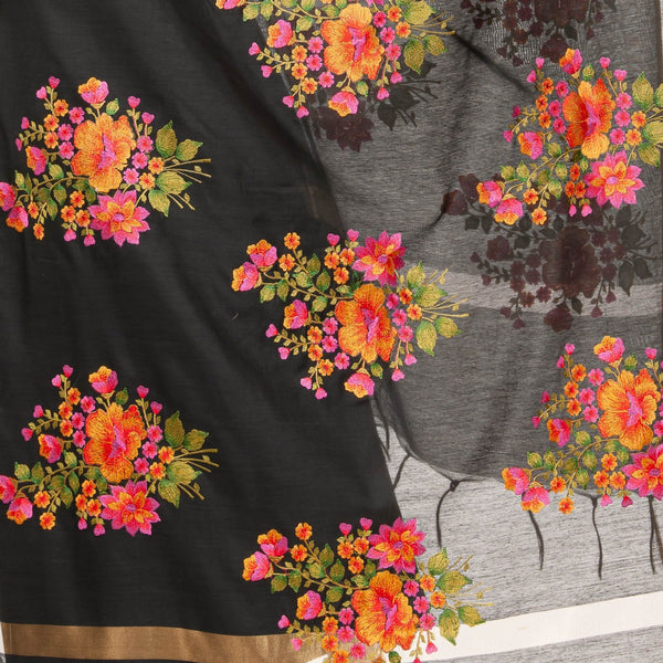Black Colour Floral Embroidered Gold Zari Border Chanderi Feel Dupatta freeshipping - SourceItRight
