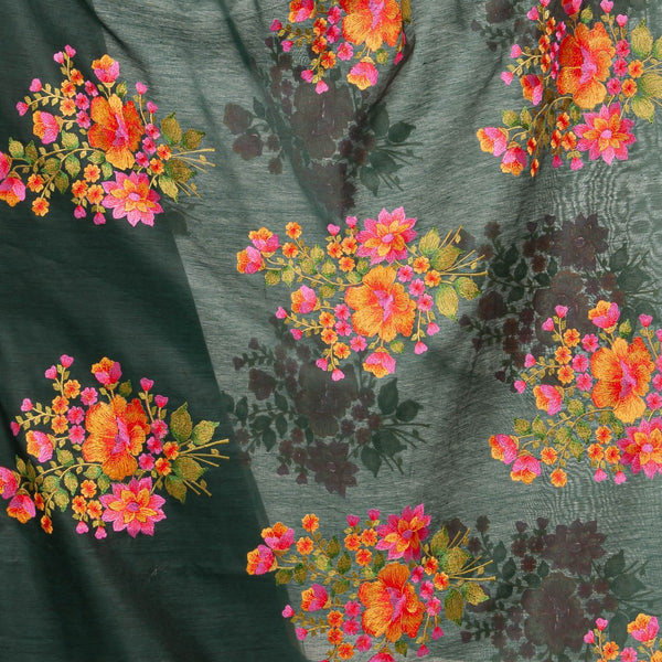 Bottle Green Colour Floral Embroidered Gold Zari Border Chanderi Feel Dupatta freeshipping - SourceItRight