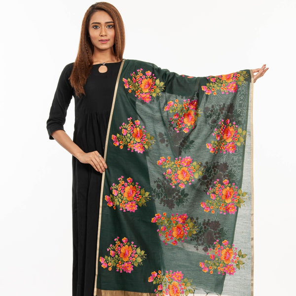 Bottle Green Colour Floral Embroidered Gold Zari Border Chanderi Feel Dupatta freeshipping - SourceItRight