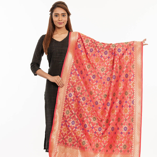 Carrot Pink Colour Gold Floral Print Katan Silk Type Banarasi Dupatta freeshipping - SourceItRight