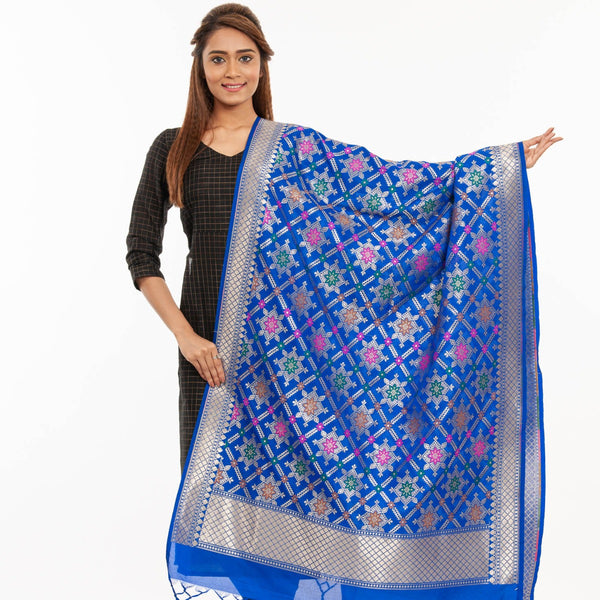 Royal Blue Colour Gold Floral Print Katan Silk Type Banarasi Dupatta freeshipping - SourceItRight