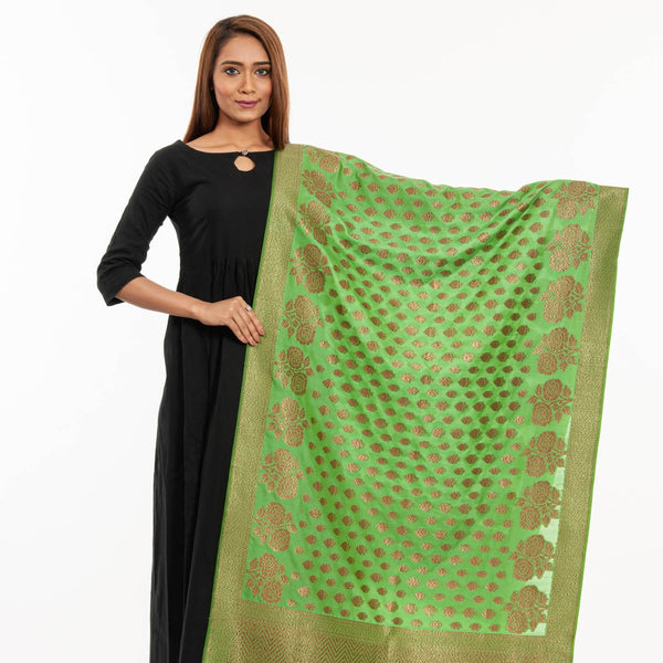 Parrot Green Colour Copper Zari Jaal & Butta Print Katan Silk Type Banarasi Dupatta freeshipping - SourceItRight