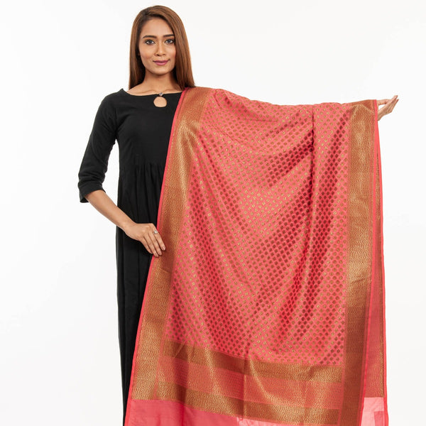 Coral Pink Colour Copper Zari Jaal & Butta Print Katan Silk Type Banarasi Dupatta freeshipping - SourceItRight