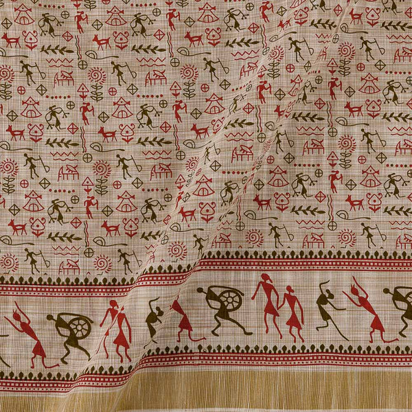 Buy Slub Khadi Off White Colour Warli with Two Side Gold Border Print Fabric Online 9483P