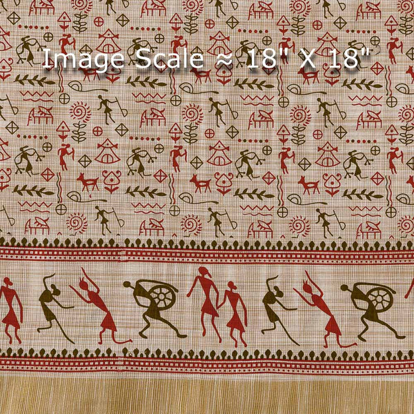Buy Slub Khadi Off White Colour Warli with Two Side Gold Border Print Fabric Online 9483P