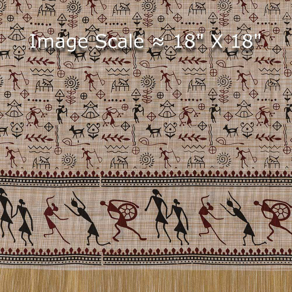 Buy Slub Khadi Off White Colour Warli with Two Side Gold Border Print Fabric Online 9483R