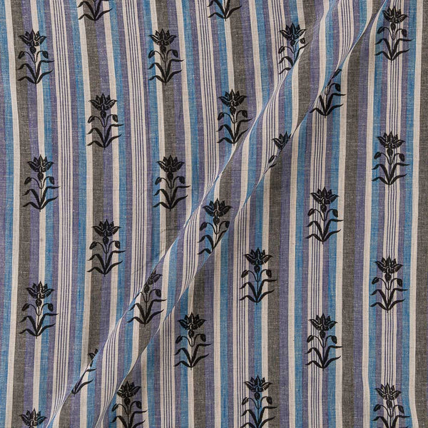 Slub Cotton Grey Blue Colour Stripes with Floral Butta Print Fabric Online 9589L