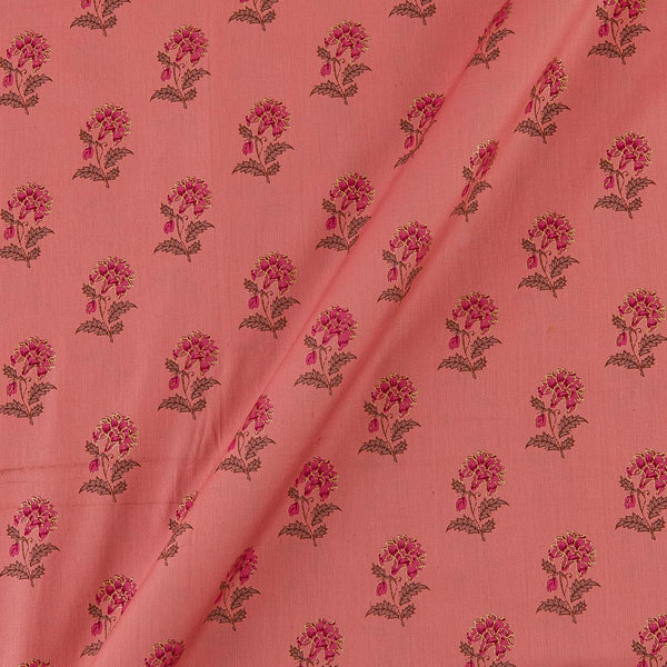 Hot Coral Colour Floral Block Gold Print On Premium Cotton Satin Fabric Online 9913N