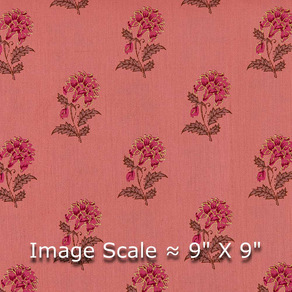 Hot Coral Colour Floral Block Gold Print On Premium Cotton Satin Fabric Online 9913N