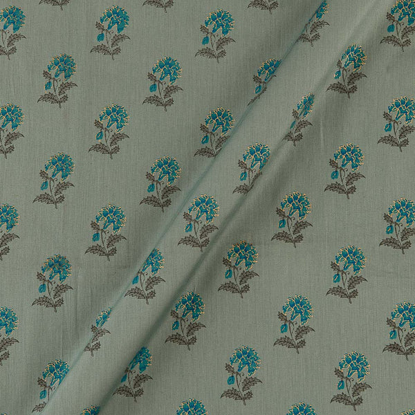 Cambridge Blue Colour Floral Block Gold Print On Premium Cotton Satin Fabric Online 9913P