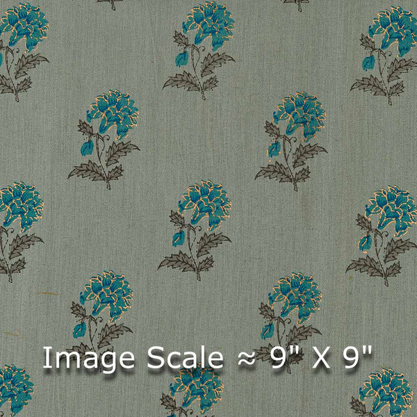 Cambridge Blue Colour Floral Block Gold Print On Premium Cotton Satin Fabric Online 9913P