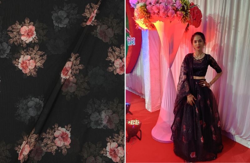 Organza Floral Fabric used for making a pleated dress. 