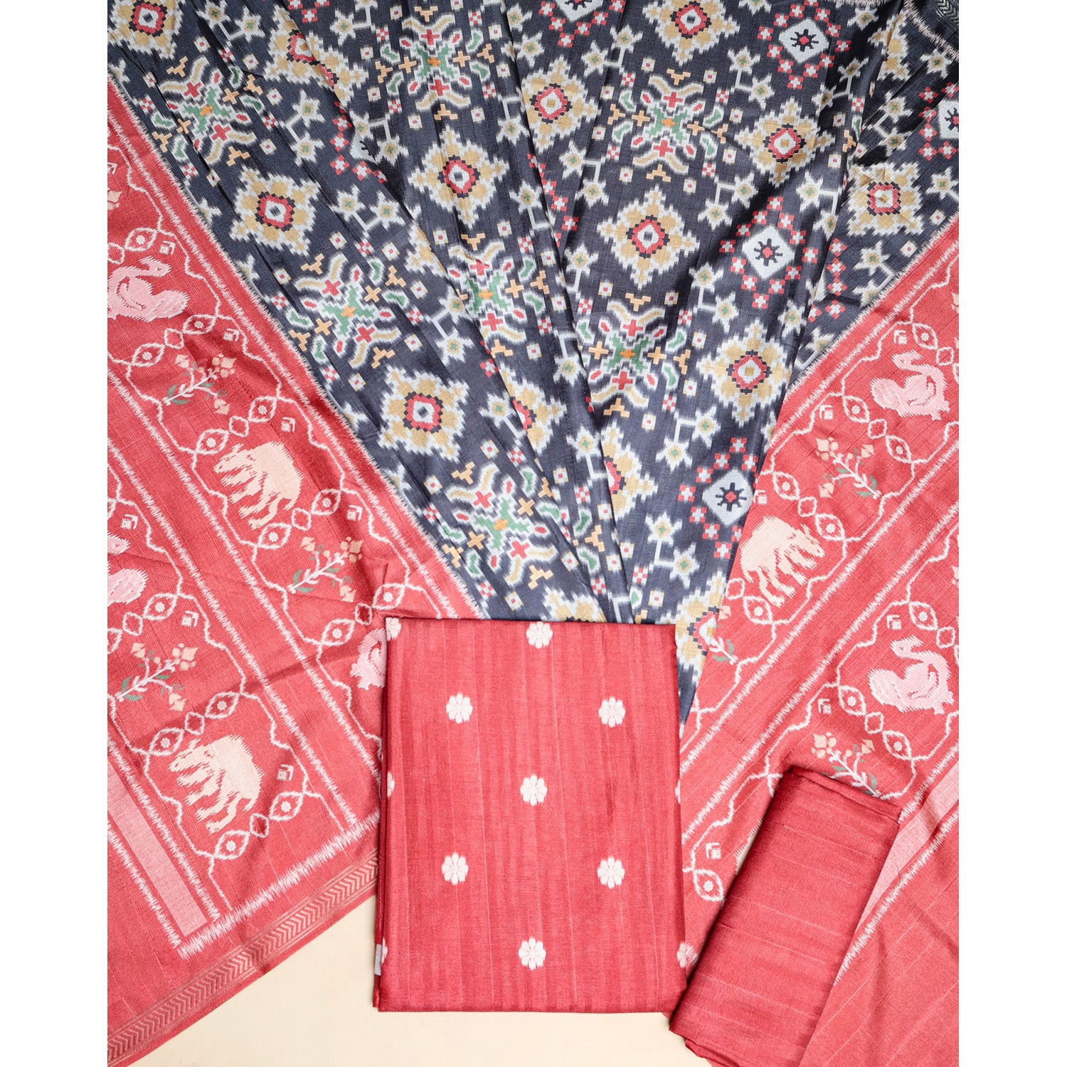 SEMI TUSSAR PRINTED IKAT SUIT SET