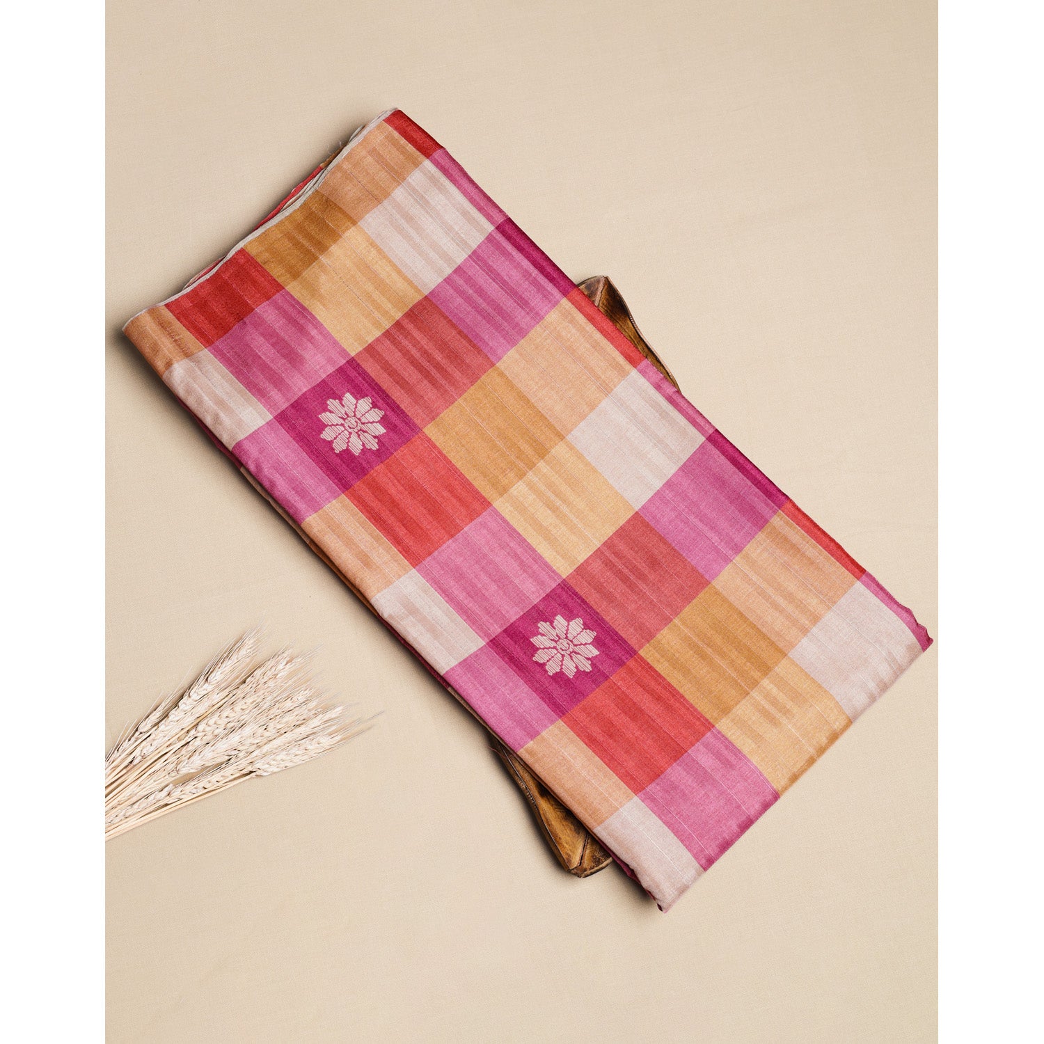 SEMI TUSSAR SILK SLUB MADRAS CHECKS KATTAM FABRIC