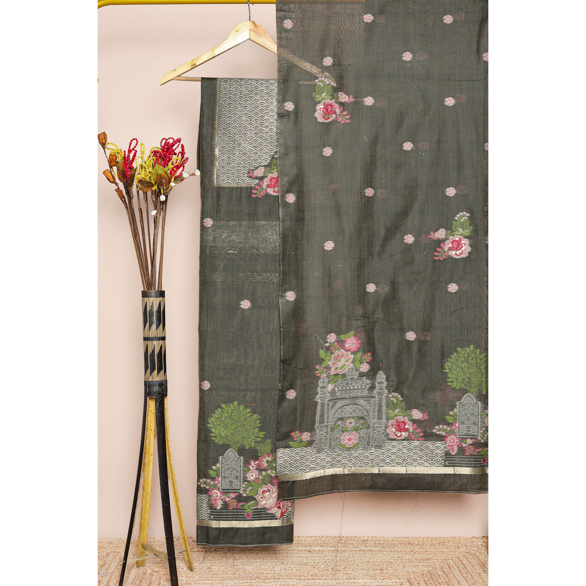 SEMI CHANDERI JAMDHANI SUIT SET