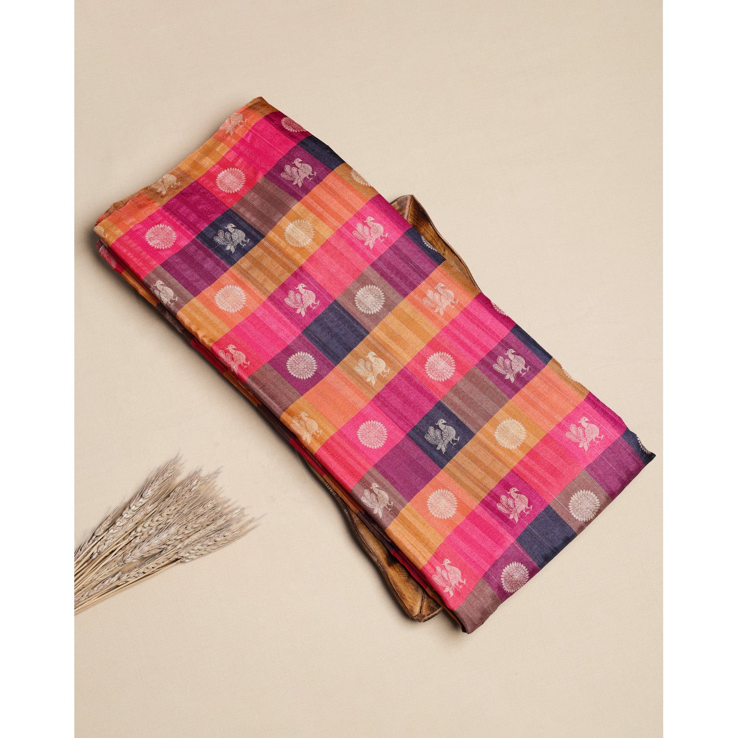 SEMI TUSSAR SILK SLUB MADRAS CHECKS KATTAM FABRIC